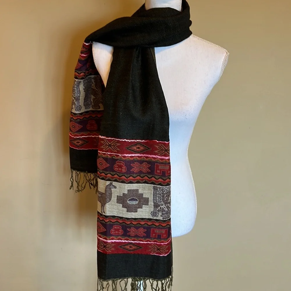 Printed scarf shawl with llama design in black red and green colors oversized